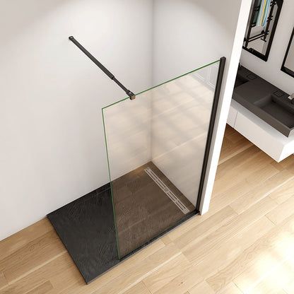 Černý walk in sprchový kout s 8mm NANO sklem, teleskopickou vzpěrou 73-120cm a výškou 200cm - moderní bezrámová sprchová zástěna s čirým bezpečnostním sklem, nastavitelná sprchová přepážka do malých i velkých koupelen, designový sprchový box s černými profily a snadnou montáží