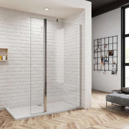 Skleněná sprchová zástěna Walk-In 8mm NANO čiré sklo | Chromový profil | Otočný panel 40cm | Vzpěry různých velikostí | Výška 200cm | Moderní design koupelny | Snadná údržba | Univerzální montáž | Bezpečnostní sklo | Sprchový kout bez vaničky