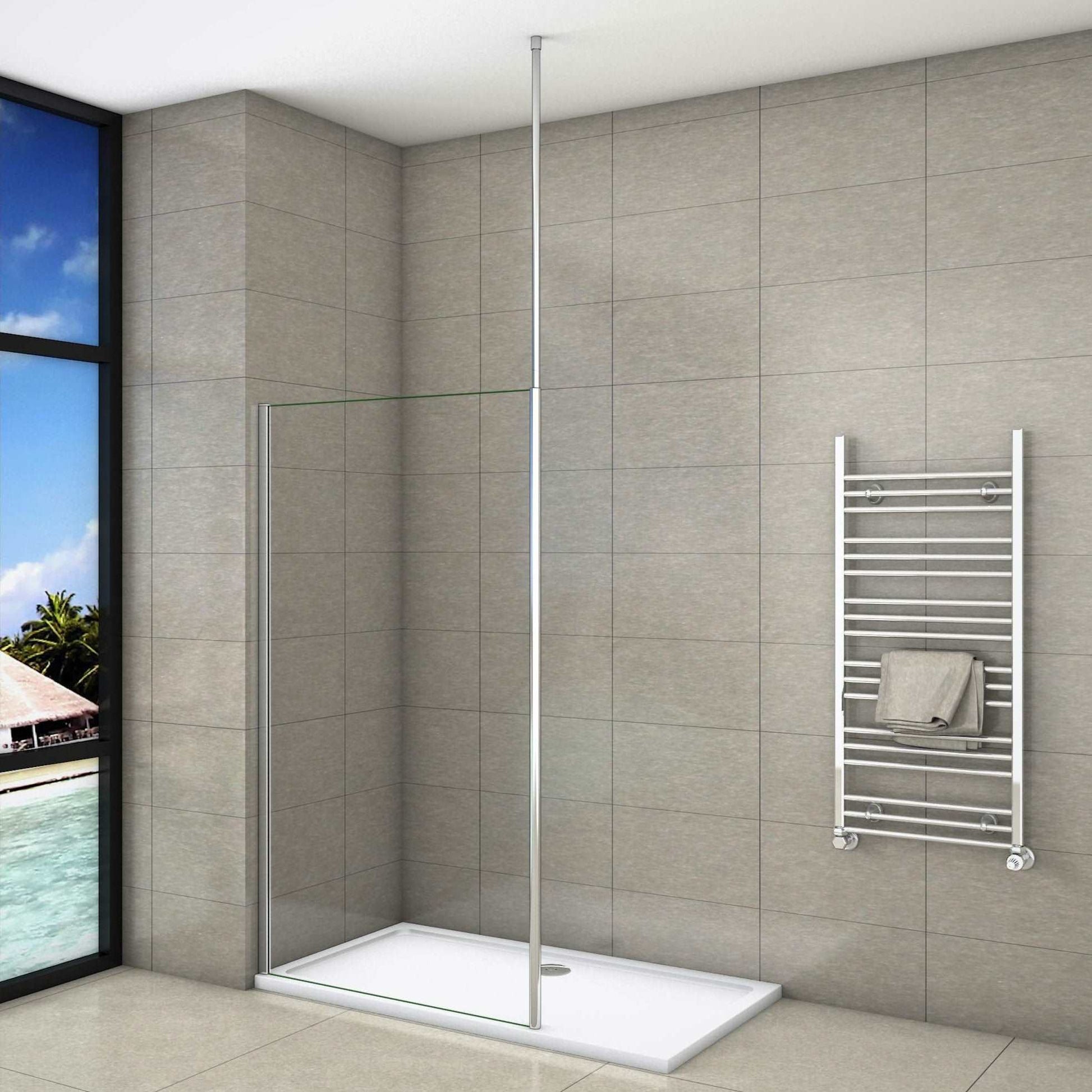 AICA Sprchový kout WALK IN - moderní walk in sprchový kout s chromovou stropní tyčí a 8mm NANO sklem. Bezrámová sprchová zástěna walk in pro velikosti 50-160cm, výška 200cm. Designový walk in sprchový kout s čirým bezpečnostním sklem a leštěným hliníkovým profilem.