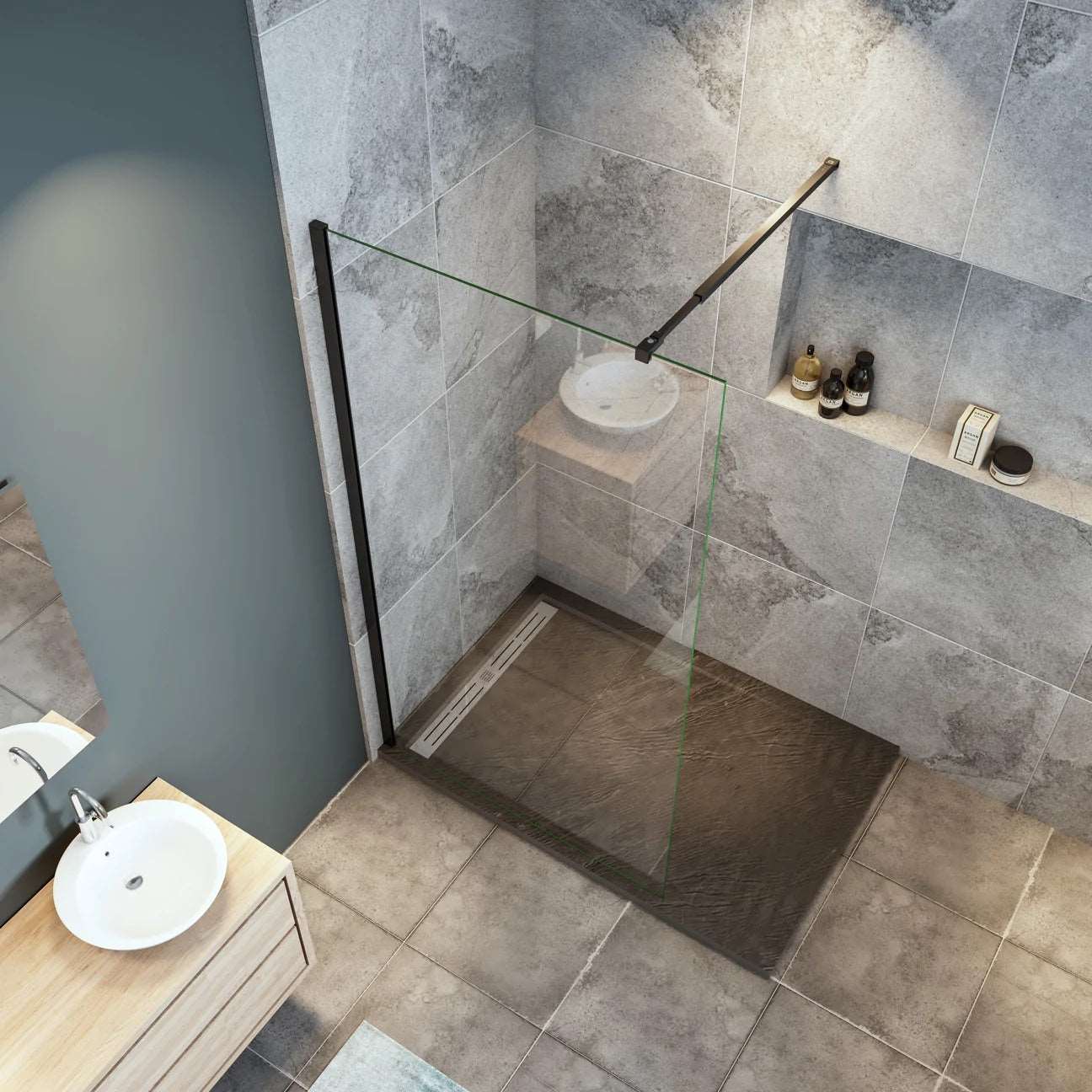 AICA Walk in sprchový kout CLEAR10B - 10mm NANO čiré sklo s černou vzpěrou, bezrámová sprchová zástěna 30-160cm, výška 200cm, moderní průchozí sprchový box do koupelny, snadná údržba, česká dodávka