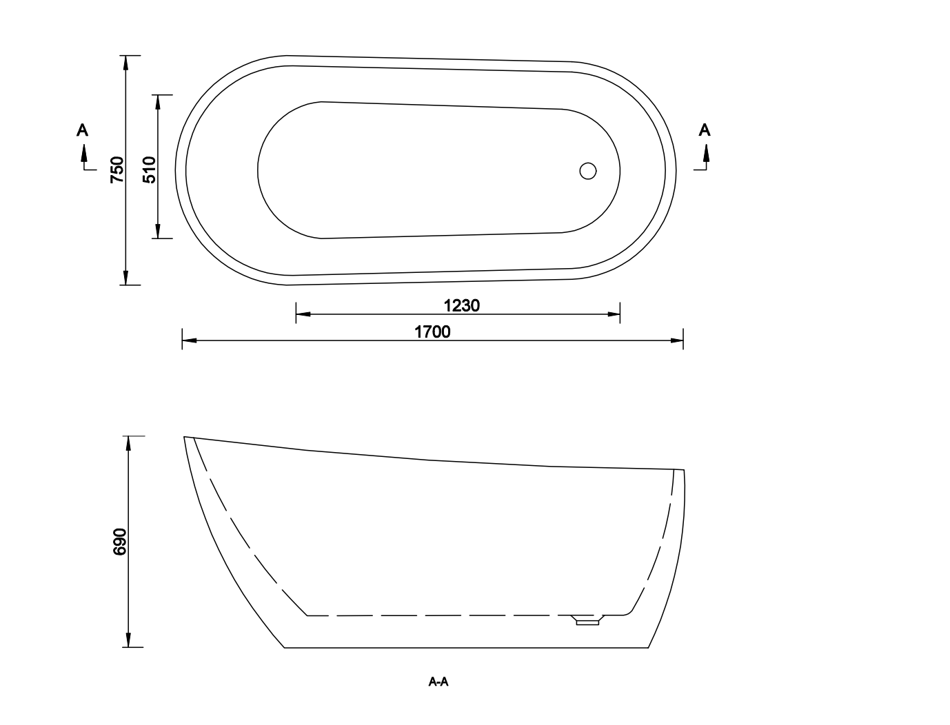 Volně stojící vana 170cm (170x75x69cm) - bílá akrylátová vana s oválným tvarem, přepadem a click-clack sifonem. Moderní design vany do koupelny s tepelnou izolací, odolná proti skvrnám. Rozměry 170x75x69 cm.