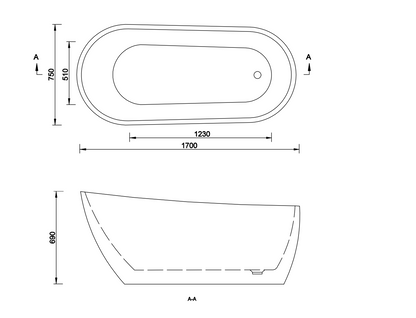 Volně stojící vana 170cm (170x75x69cm) - bílá akrylátová vana s oválným tvarem, přepadem a click-clack sifonem. Moderní design vany do koupelny s tepelnou izolací, odolná proti skvrnám. Rozměry 170x75x69 cm.