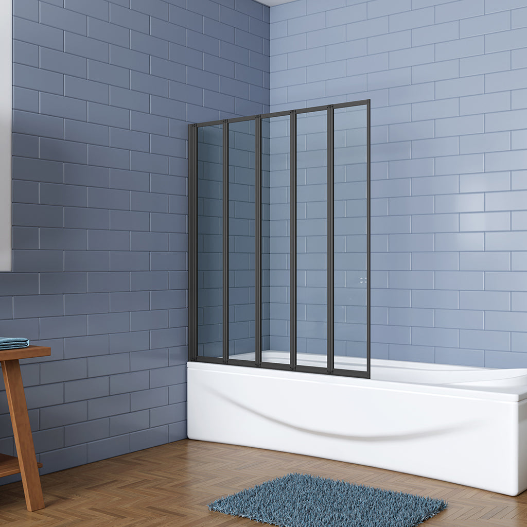 AICA Vanová zástěna skládací FF12A-5-B, černá 5-dílná sprchová clona 120x140 cm s 4mm NANO sklem EasyClean – bezpečnostní sklápěcí zástěna do vany s hliníkovým profilem, univerzální montáž (levá/pravá), moderní koupelnová přepážka s těsněním a vzpěrou