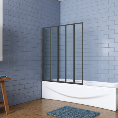 AICA Vanová zástěna skládací FF12A-5-B, černá 5-dílná sprchová clona 120x140 cm s 4mm NANO sklem EasyClean – bezpečnostní sklápěcí zástěna do vany s hliníkovým profilem, univerzální montáž (levá/pravá), moderní koupelnová přepážka s těsněním a vzpěrou