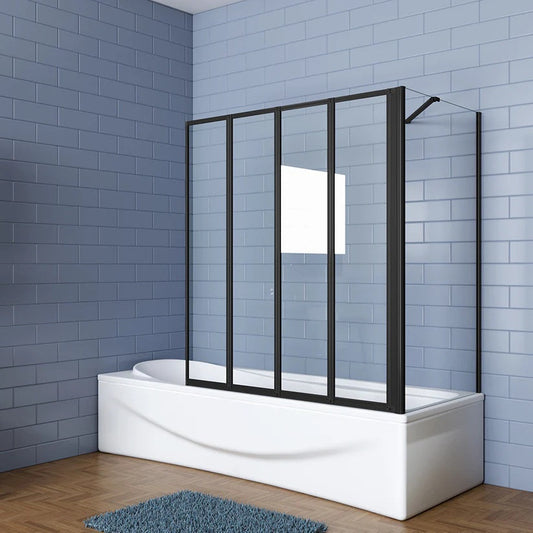 AICA Vanová zástěna skládací černá - 4-dílná sprchová clona s bočním panelem, 4mm bezpečnostní NANO sklo EasyClean, hliníkový protikorozní profil, nastavitelná šířka 90-100cm, výška 140cm, moderní design do koupelny, česká dodávka