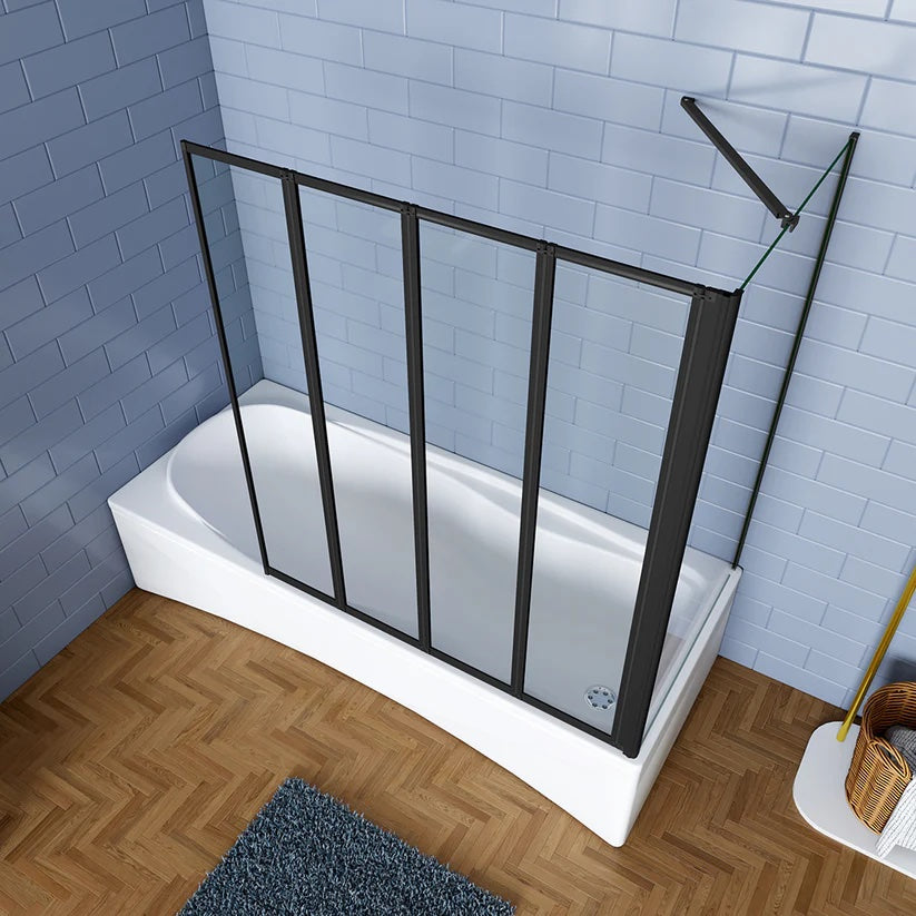 AICA Vanová zástěna skládací černá - 4-dílná sprchová clona s bočním panelem, 4mm bezpečnostní NANO sklo EasyClean, hliníkový protikorozní profil, nastavitelná šířka 90-100cm, výška 140cm, moderní design do koupelny, česká dodávka