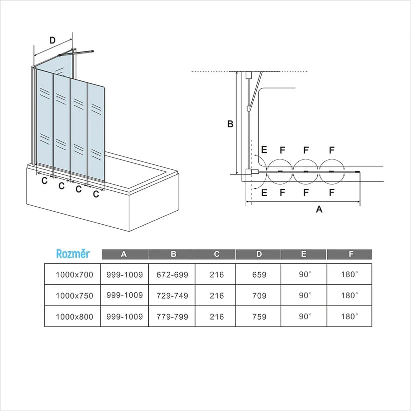 AICA Vanová zástěna skládací černá - 4-dílná sprchová clona s bočním panelem, 4mm bezpečnostní NANO sklo EasyClean, hliníkový protikorozní profil, nastavitelná šířka 90-100cm, výška 140cm, moderní design do koupelny, česká dodávka