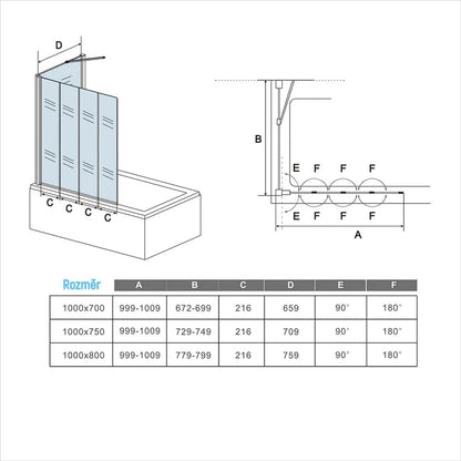 AICA Vanová zástěna skládací černá - 4-dílná sprchová clona s bočním panelem, 4mm bezpečnostní NANO sklo EasyClean, hliníkový protikorozní profil, nastavitelná šířka 90-100cm, výška 140cm, moderní design do koupelny, česká dodávka