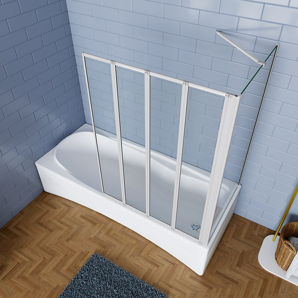 AICA vanová zástěna skládací FFA-4MSPVS2EM - 4-dílná sprchová stěna s bočním panelem, 4mm NANO sklo EasyClean, rozměry 120x140 cm, matná šedá barva, hliníkový profil, univerzální montáž (levá/pravá), vzpěra 600 mm, bezpečnostní ESG sklo