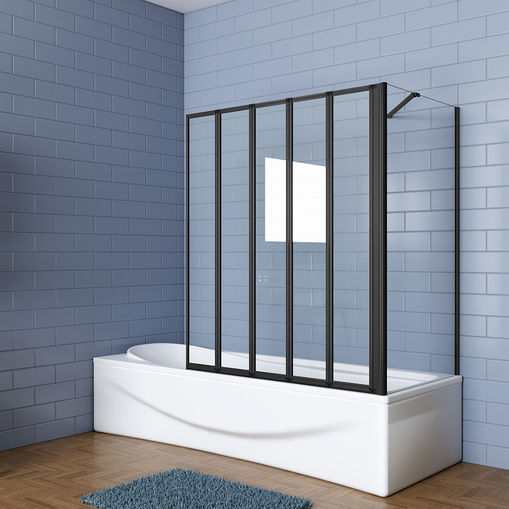 skládací vanová zástěna černá s bočním panelem – moderní design, 5-dílná konstrukce, rozměry 120x140 cm, 4mm bezpečnostní NANO sklo s EasyClean povrchem, boční panel 70-80 cm, hliníkový korozivzdorný profil, otočná vzpěra 600 mm, snadná montáž na levou/pravou stranu