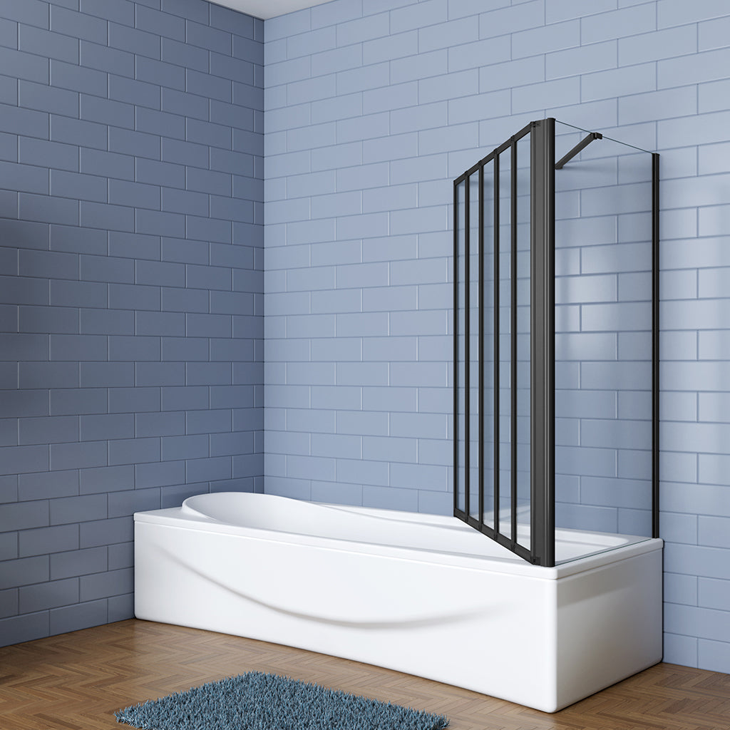 skládací vanová zástěna černá s bočním panelem – moderní design, 5-dílná konstrukce, rozměry 120x140 cm, 4mm bezpečnostní NANO sklo s EasyClean povrchem, boční panel 70-80 cm, hliníkový korozivzdorný profil, otočná vzpěra 600 mm, snadná montáž na levou/pravou stranu