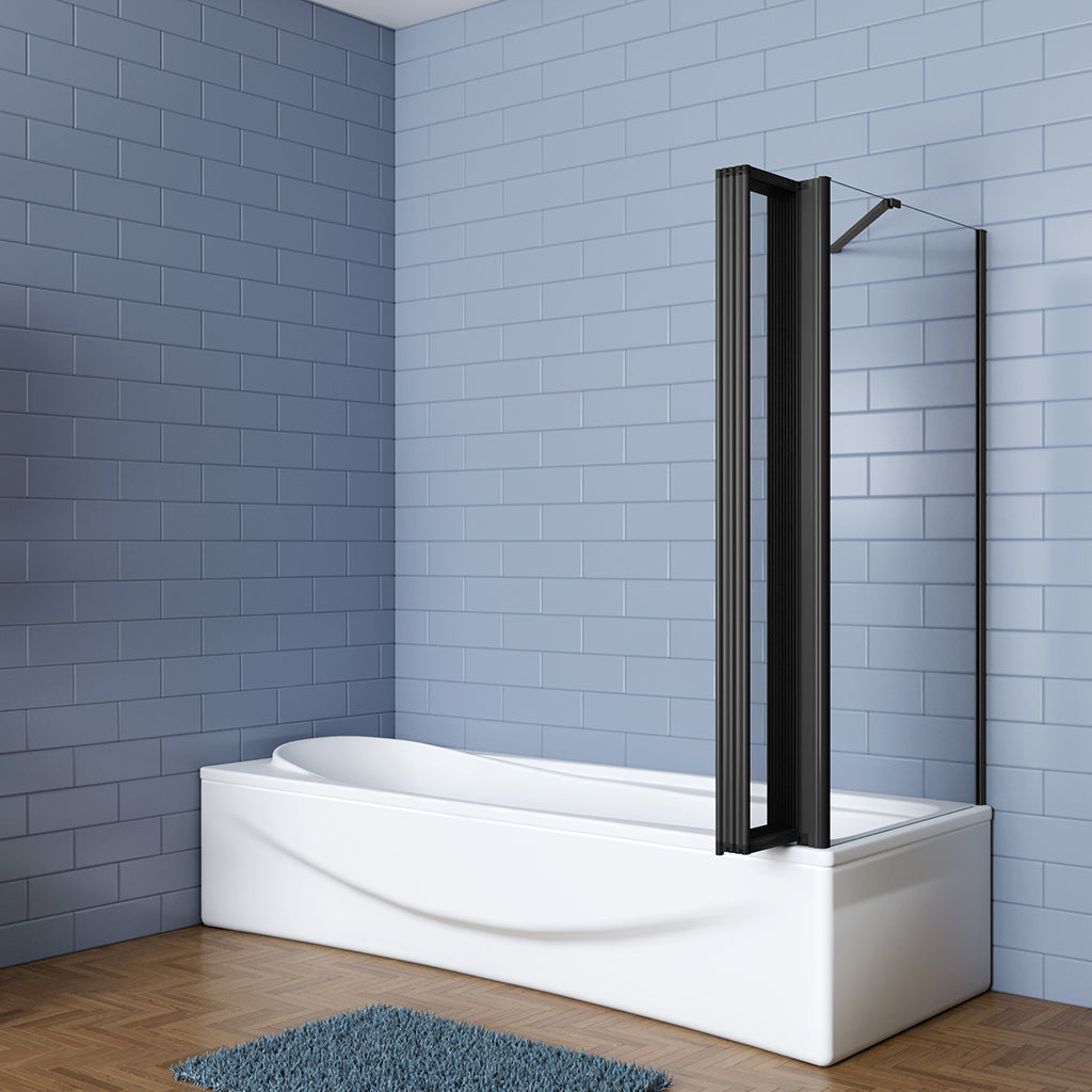 skládací vanová zástěna černá s bočním panelem – moderní design, 5-dílná konstrukce, rozměry 120x140 cm, 4mm bezpečnostní NANO sklo s EasyClean povrchem, boční panel 70-80 cm, hliníkový korozivzdorný profil, otočná vzpěra 600 mm, snadná montáž na levou/pravou stranu