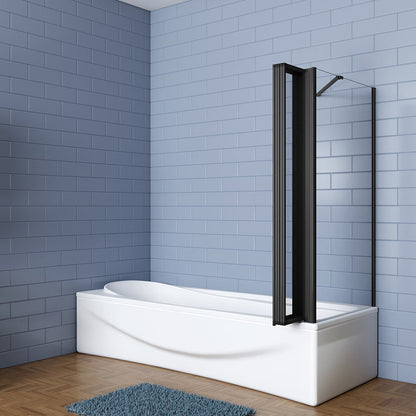 skládací vanová zástěna černá s bočním panelem – moderní design, 5-dílná konstrukce, rozměry 120x140 cm, 4mm bezpečnostní NANO sklo s EasyClean povrchem, boční panel 70-80 cm, hliníkový korozivzdorný profil, otočná vzpěra 600 mm, snadná montáž na levou/pravou stranu