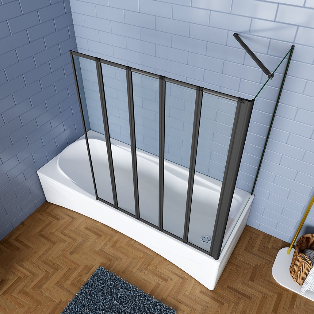 skládací vanová zástěna černá s bočním panelem – moderní design, 5-dílná konstrukce, rozměry 120x140 cm, 4mm bezpečnostní NANO sklo s EasyClean povrchem, boční panel 70-80 cm, hliníkový korozivzdorný profil, otočná vzpěra 600 mm, snadná montáž na levou/pravou stranu