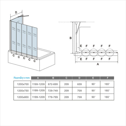 skládací vanová zástěna černá s bočním panelem – moderní design, 5-dílná konstrukce, rozměry 120x140 cm, 4mm bezpečnostní NANO sklo s EasyClean povrchem, boční panel 70-80 cm, hliníkový korozivzdorný profil, otočná vzpěra 600 mm, snadná montáž na levou/pravou stranu