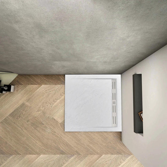 Protiskluzová bílá sprchová vanička AICA 80x80 cm z litého mramoru s imitací kamene – moderní, bezpečná a odolná vanička do sprchového koutu s antioxidačním povrchem a dárkovým sifonem.