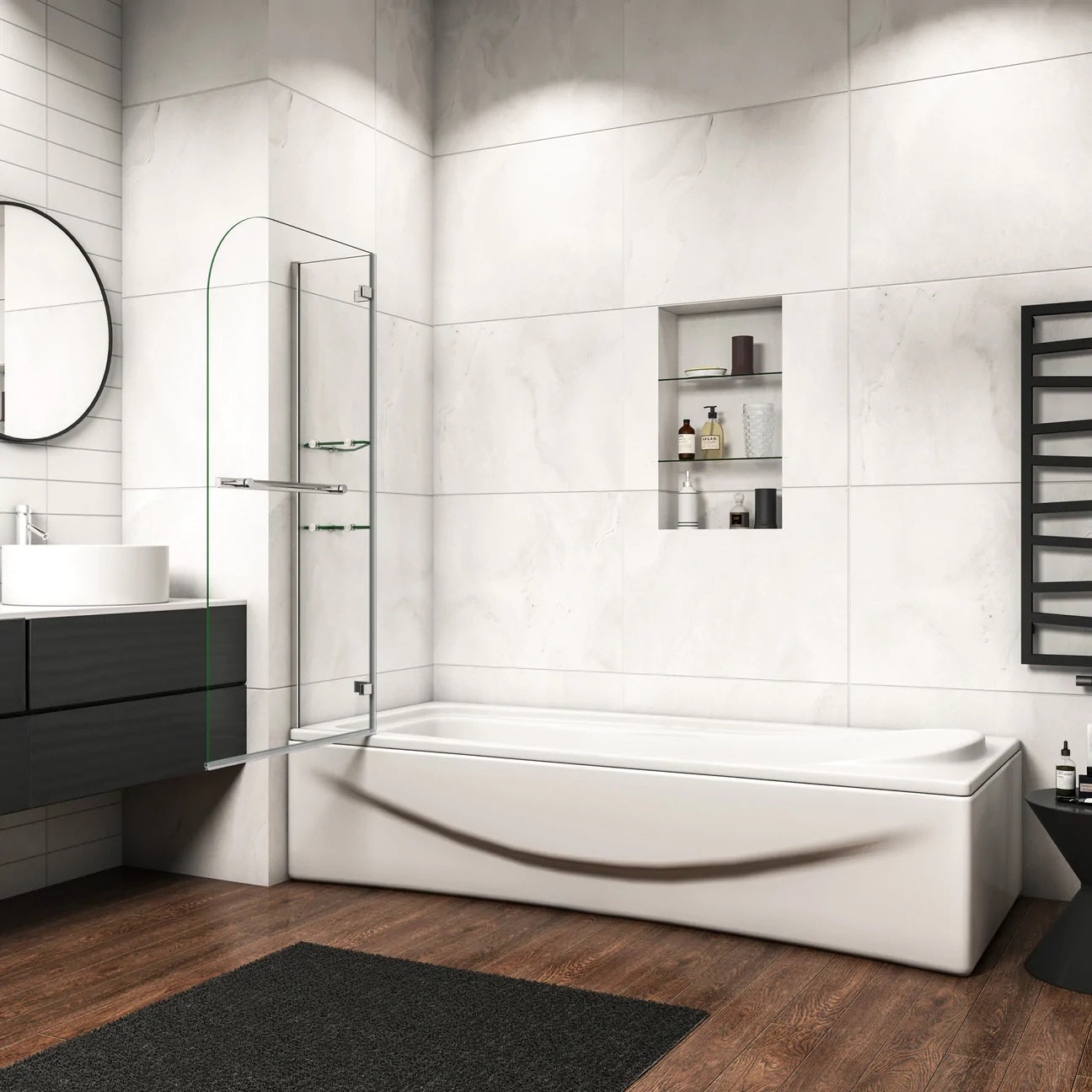 AICA Vanová zástěna otočná H2S-HB s poličkami a věšákem – nastavitelná 90-120cm, chrom, 6mm NANO bezpečnostní sklo EasyClean, výška 140cm, rohová montáž, moderní koupelnový design