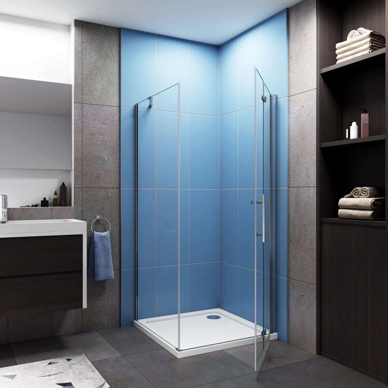 Čtvercový sprchový kout AICA s posuvnými dveřmi a boční stěnou z 6mm bezpečnostního NANO skla. Rozměry 70-90 cm, výška 195 cm. Moderní design s chromovanými profily, nerezovým madlem a stabilní vzpěrou. Ideální řešení pro moderní koupelny.

