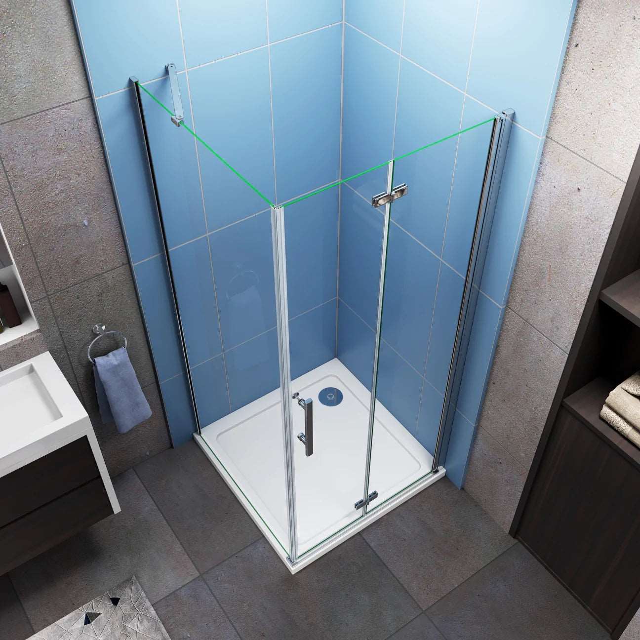 Čtvercový sprchový kout AICA s posuvnými dveřmi a boční stěnou z 6mm bezpečnostního NANO skla. Rozměry 70-90 cm, výška 195 cm. Moderní design s chromovanými profily, nerezovým madlem a stabilní vzpěrou. Ideální řešení pro moderní koupelny