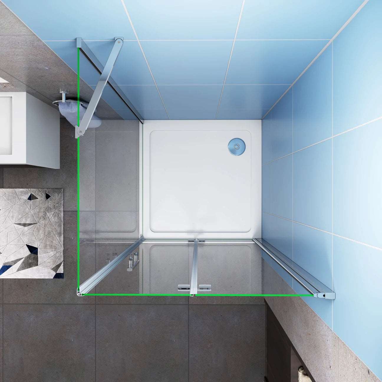 Čtvercový sprchový kout AICA s posuvnými dveřmi a boční stěnou z 6mm bezpečnostního NANO skla. Rozměry 70-90 cm, výška 195 cm. Moderní design s chromovanými profily, nerezovým madlem a stabilní vzpěrou. Ideální řešení pro moderní koupelny