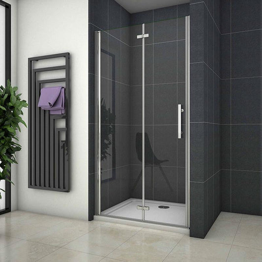 Zalamovací sprchové dveře do niky, sklopné ke zdi, 6mm NANO čiré sklo, univerzální montáž L/P, výška 195cm, rozměry 70-120cm, hliníkový profil, chromová barva, nerez madlo, panty ze slitiny zinku, sprchový kout bez vaničky.