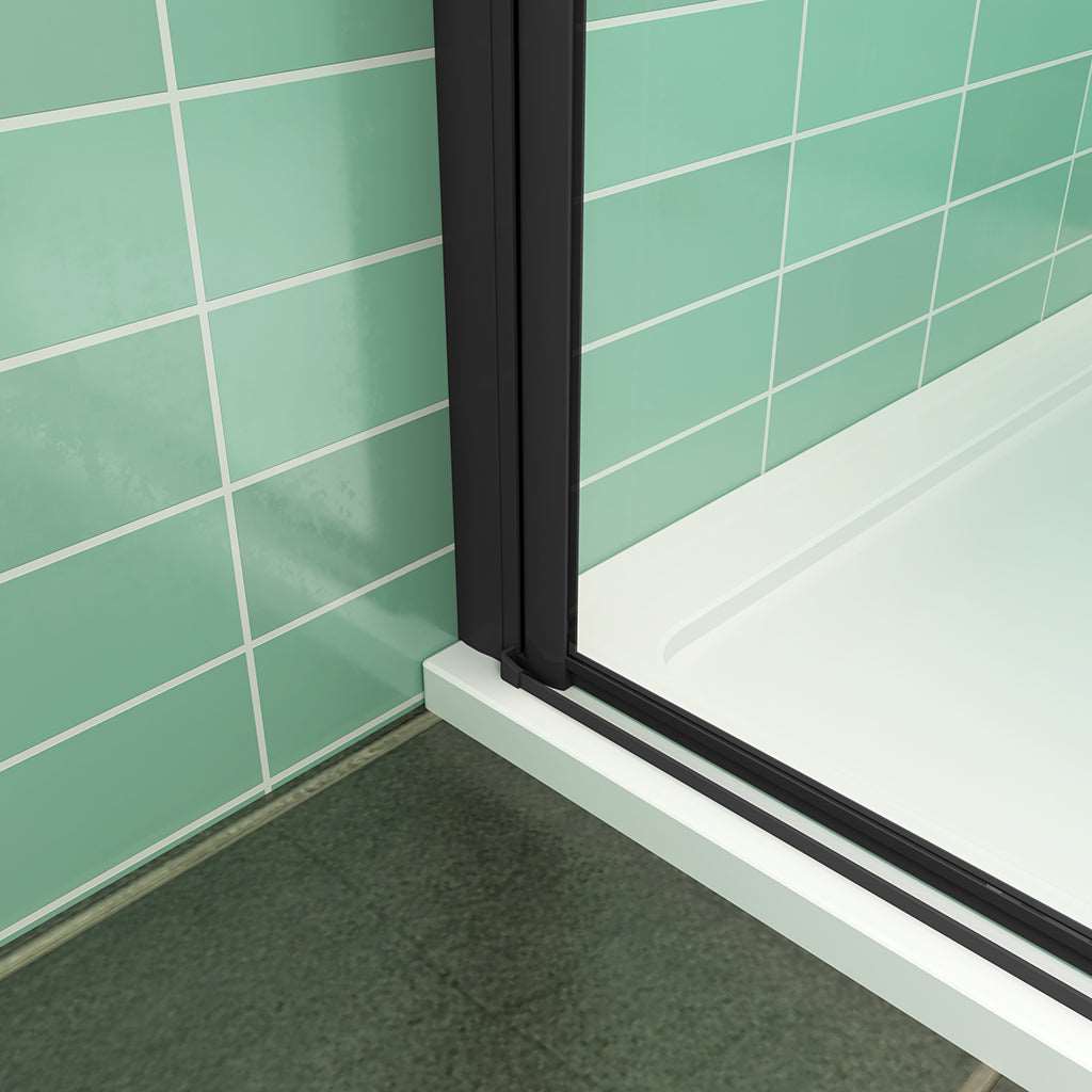 Zalamovací sprchové dveře s neprůhledným privacy pásem – 6mm bezpečnostní NANO sklo EasyClean, nastavitelná šířka 70–120 cm, výška 195 cm. Černý hliníkový profil, nerezové madlo a univerzální montáž (L/P) do sprchové niky. Moderní design s matným dekorem pro maximální soukromí.