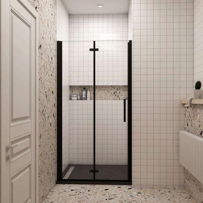 Moderní černé sprchové zalamovací dveře s 6mm nano sklem EasyClean - designový sprchový kout do niky, rozměry 70-120cm, výška 195cm, bezpečnostní ESG sklo, univerzální levopravá montáž, anticalc a snadná údržba, hliníkový profil odolný proti korozi
