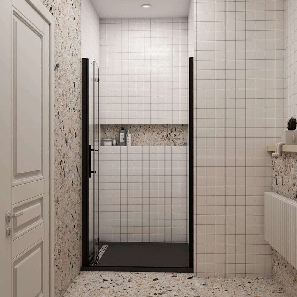 Moderní černé sprchové zalamovací dveře s 6mm nano sklem EasyClean - designový sprchový kout do niky, rozměry 70-120cm, výška 195cm, bezpečnostní ESG sklo, univerzální levopravá montáž, anticalc a snadná údržba, hliníkový profil odolný proti korozi