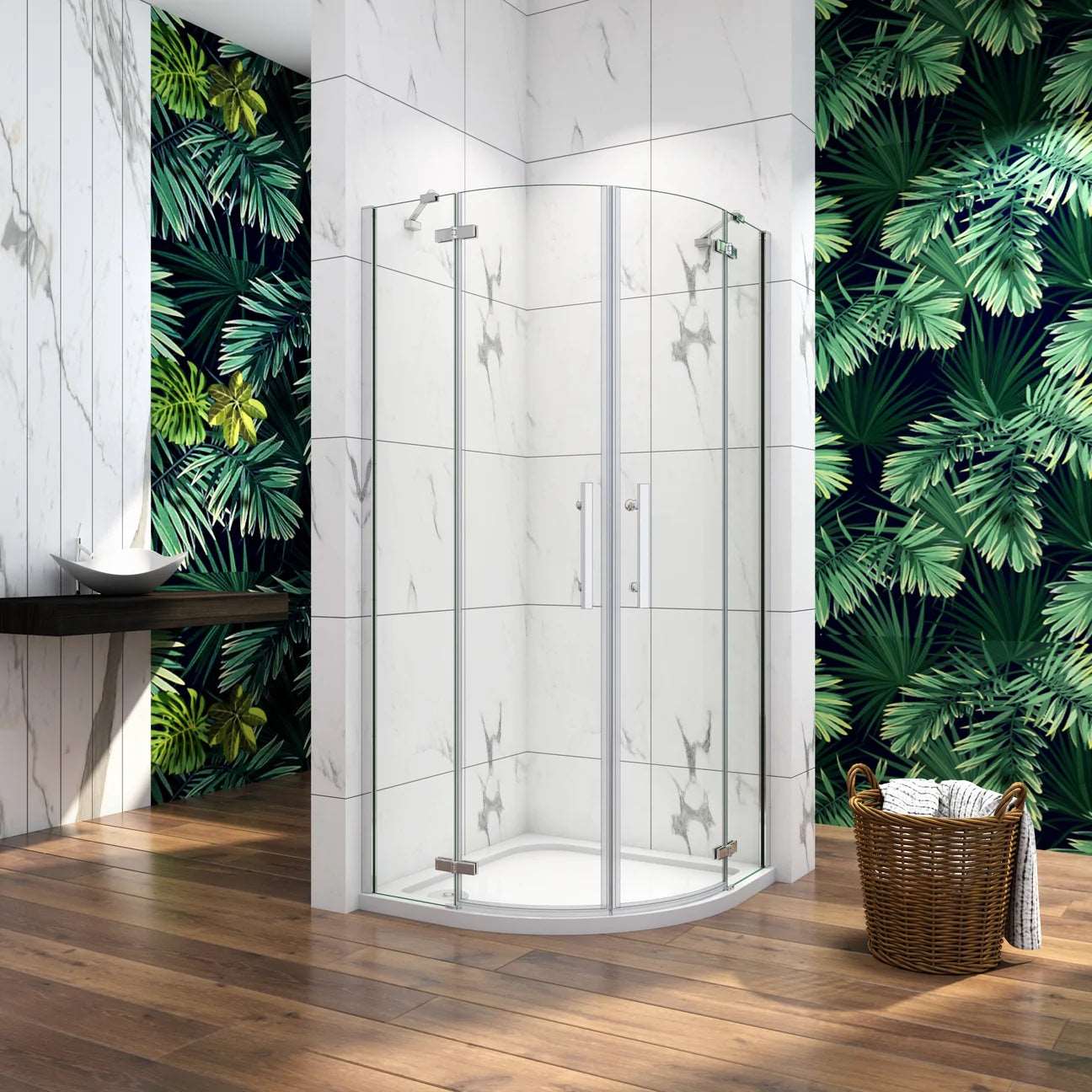 Čtvrtkruhový sprchový kout s NANO sklem EasyClean 80x80 a 90x90 cm – bezpečnostní 6mm ESG sklo, chromové madlo, hliníkové profily, rohová sprchová kabína, jednokřídlé dveře, moderní design do malé i velké koupelny