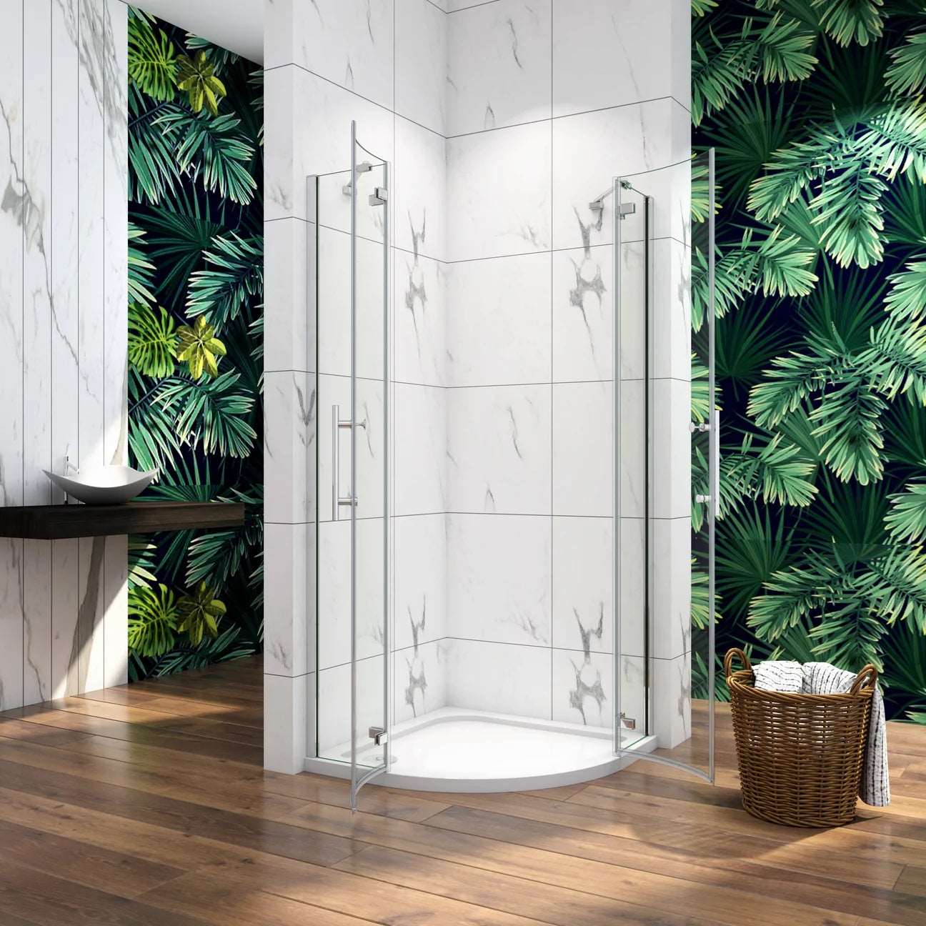 Čtvrtkruhový sprchový kout s NANO sklem EasyClean 80x80 a 90x90 cm – bezpečnostní 6mm ESG sklo, chromové madlo, hliníkové profily, rohová sprchová kabína, jednokřídlé dveře, moderní design do malé i velké koupelny