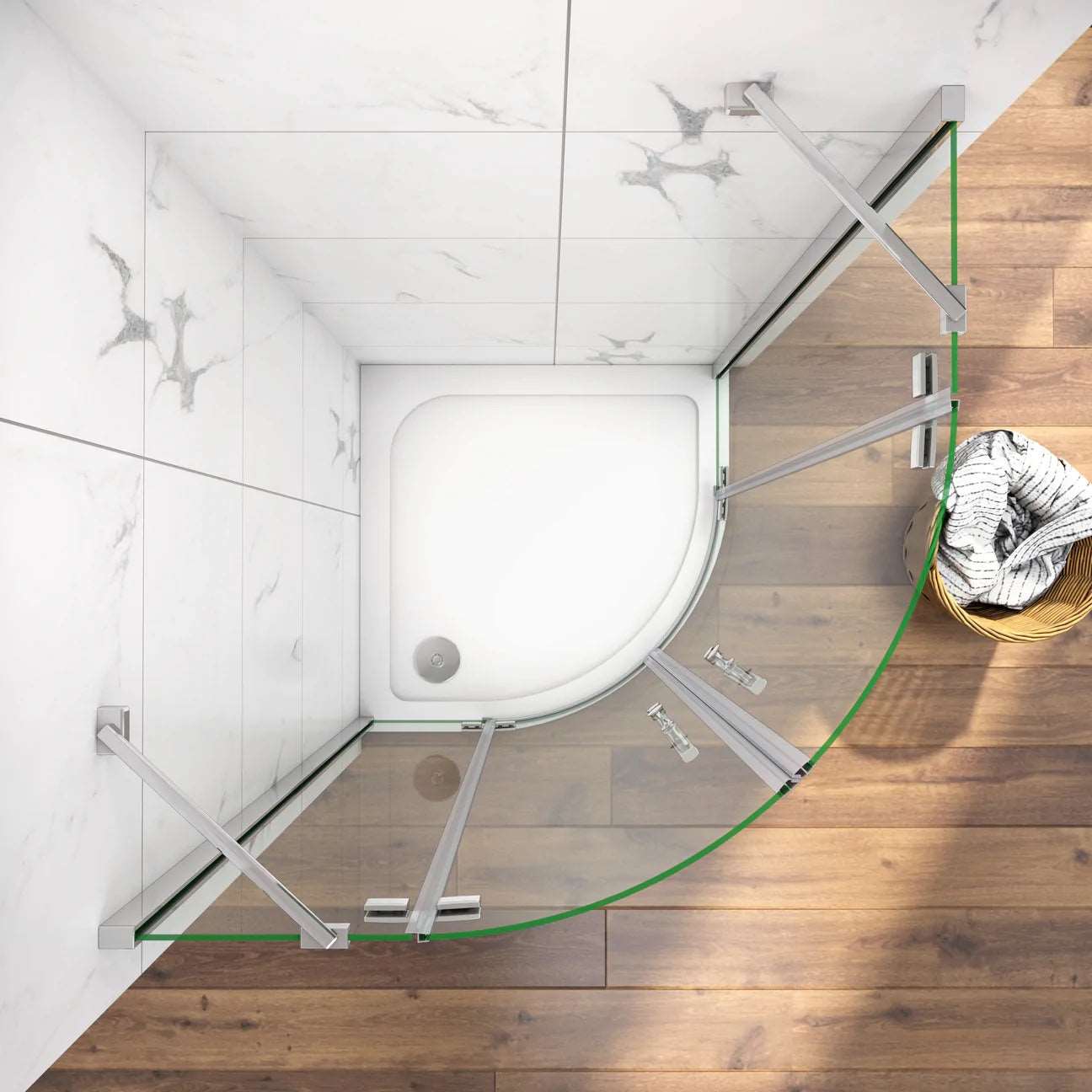 Čtvrtkruhový sprchový kout s NANO sklem EasyClean 80x80 a 90x90 cm – bezpečnostní 6mm ESG sklo, chromové madlo, hliníkové profily, rohová sprchová kabína, jednokřídlé dveře, moderní design do malé i velké koupelny