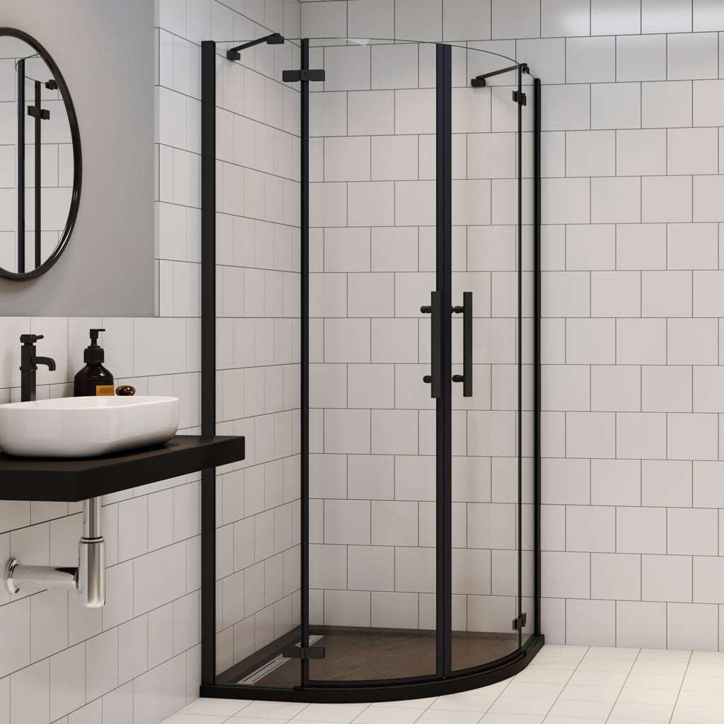 Čtvrtkruhový sprchový kout černé nano 6mm, moderní sprchová kabína s nano povrchem, černé sprchové dveře, hliníkový profil, nerez madlo, bezpečnostní sklo, rohový sprchový kout 80x80cm 90x90cm, luxusní sprchový box, odolný proti vodnímu kameni, snadná údržba, designová sprchová stěna