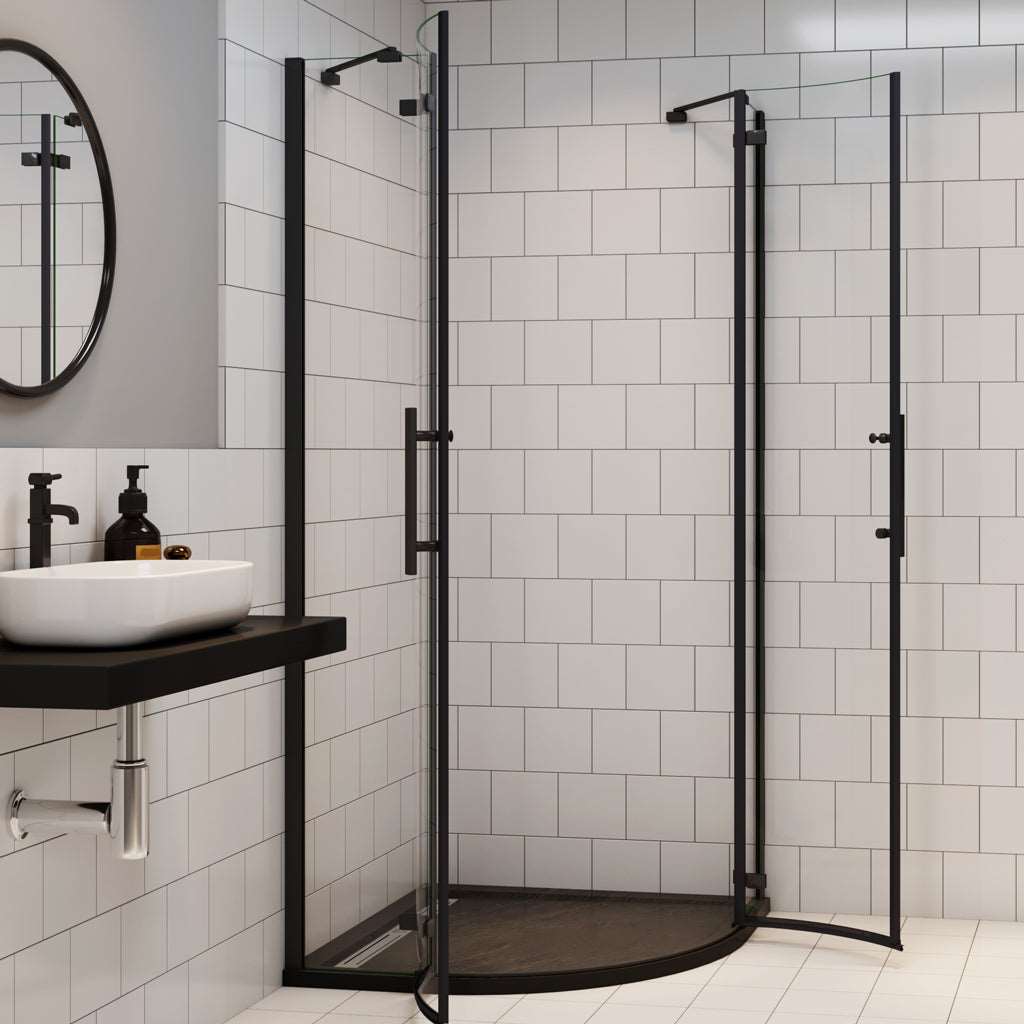 Čtvrtkruhový sprchový kout černé nano 6mm, moderní sprchová kabína s nano povrchem, černé sprchové dveře, hliníkový profil, nerez madlo, bezpečnostní sklo, rohový sprchový kout 80x80cm 90x90cm, luxusní sprchový box, odolný proti vodnímu kameni, snadná údržba, designová sprchová stěna