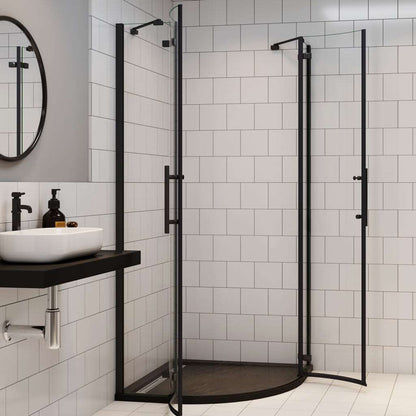 Čtvrtkruhový sprchový kout černé nano 6mm, moderní sprchová kabína s nano povrchem, černé sprchové dveře, hliníkový profil, nerez madlo, bezpečnostní sklo, rohový sprchový kout 80x80cm 90x90cm, luxusní sprchový box, odolný proti vodnímu kameni, snadná údržba, designová sprchová stěna