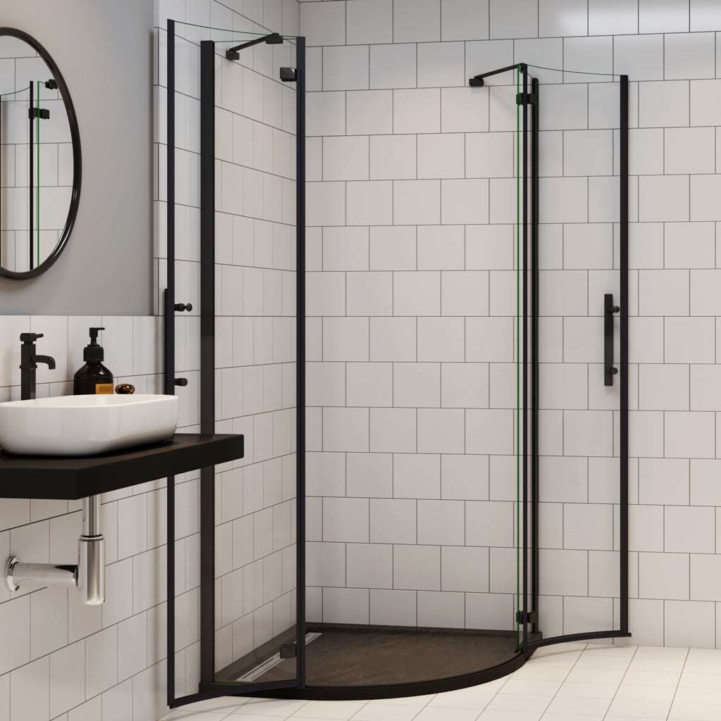 Čtvrtkruhový sprchový kout černé nano 6mm, moderní sprchová kabína s nano povrchem, černé sprchové dveře, hliníkový profil, nerez madlo, bezpečnostní sklo, rohový sprchový kout 80x80cm 90x90cm, luxusní sprchový box, odolný proti vodnímu kameni, snadná údržba, designová sprchová stěna