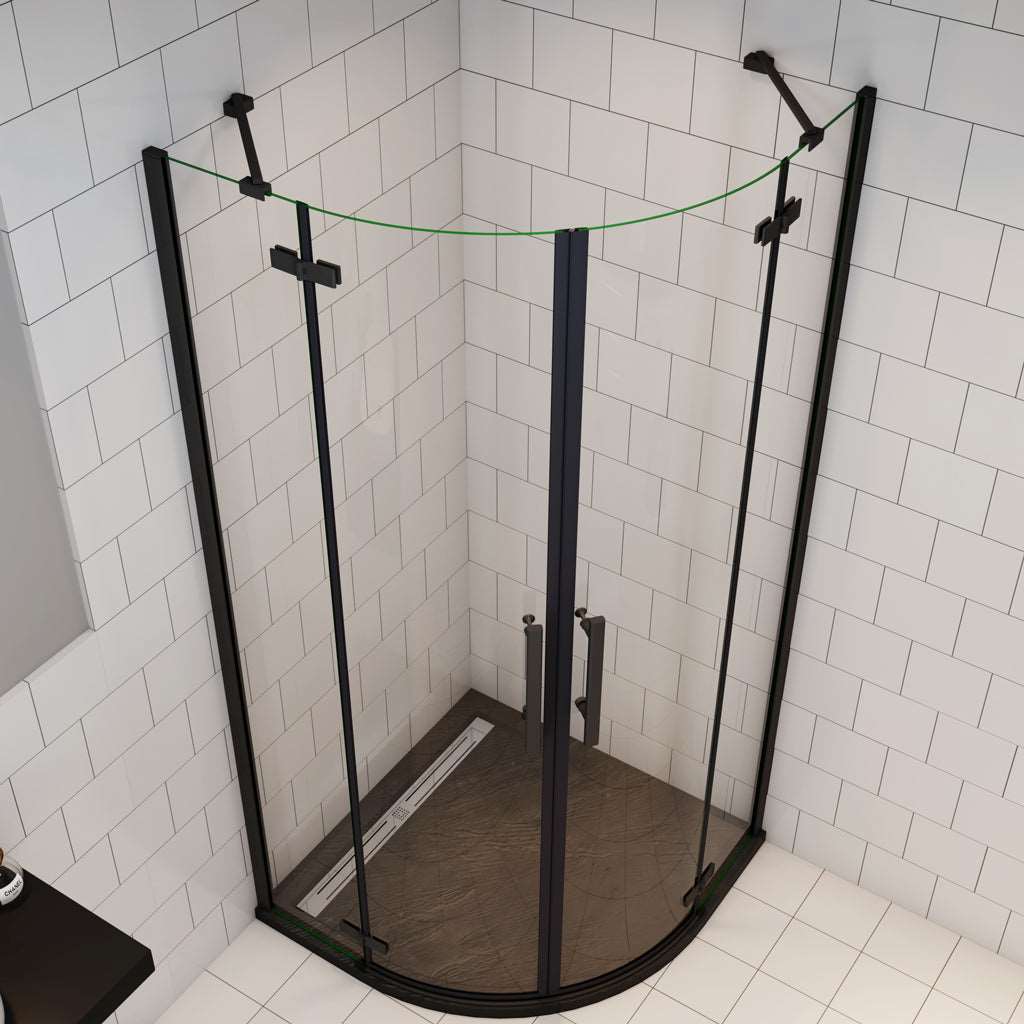 Čtvrtkruhový sprchový kout černé nano 6mm, moderní sprchová kabína s nano povrchem, černé sprchové dveře, hliníkový profil, nerez madlo, bezpečnostní sklo, rohový sprchový kout 80x80cm 90x90cm, luxusní sprchový box, odolný proti vodnímu kameni, snadná údržba, designová sprchová stěna