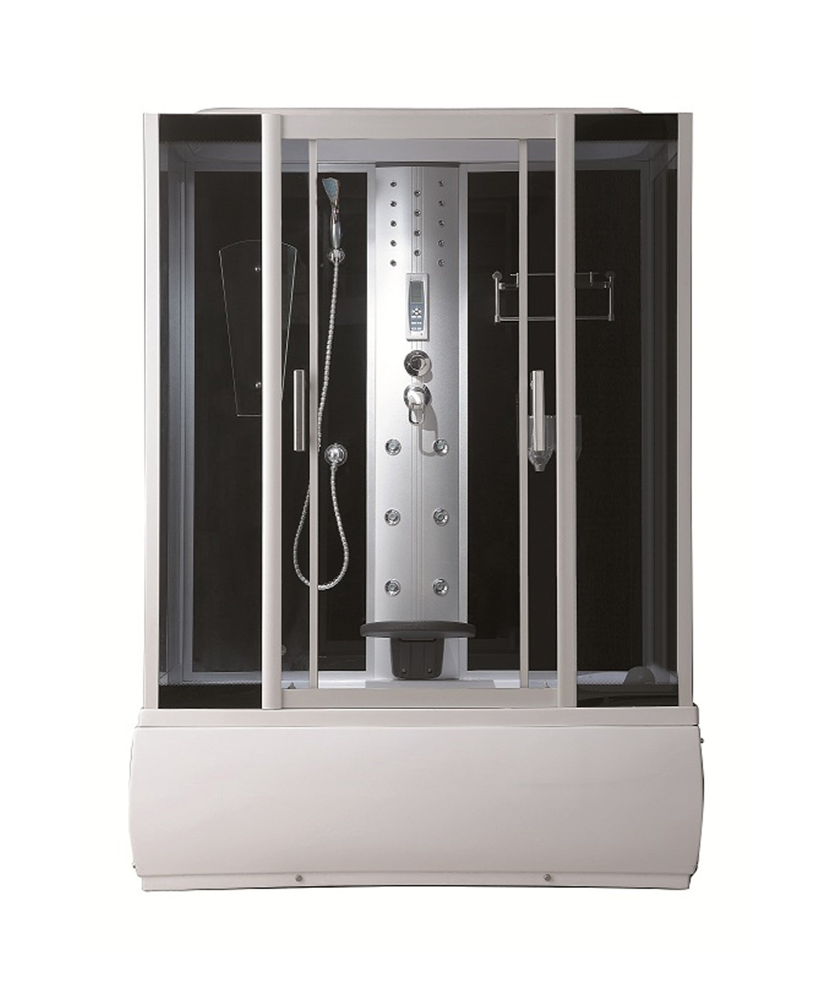 Masážní sprchový box trysky 150x85x225 cm – sprchový kout s 6 masážními tryskami, rádiem, ventilátorem, LED osvětlením a integrovaným sedátkem. Luxusní akrylátový box s posuvnými dveřmi a elektronickým ovládáním.