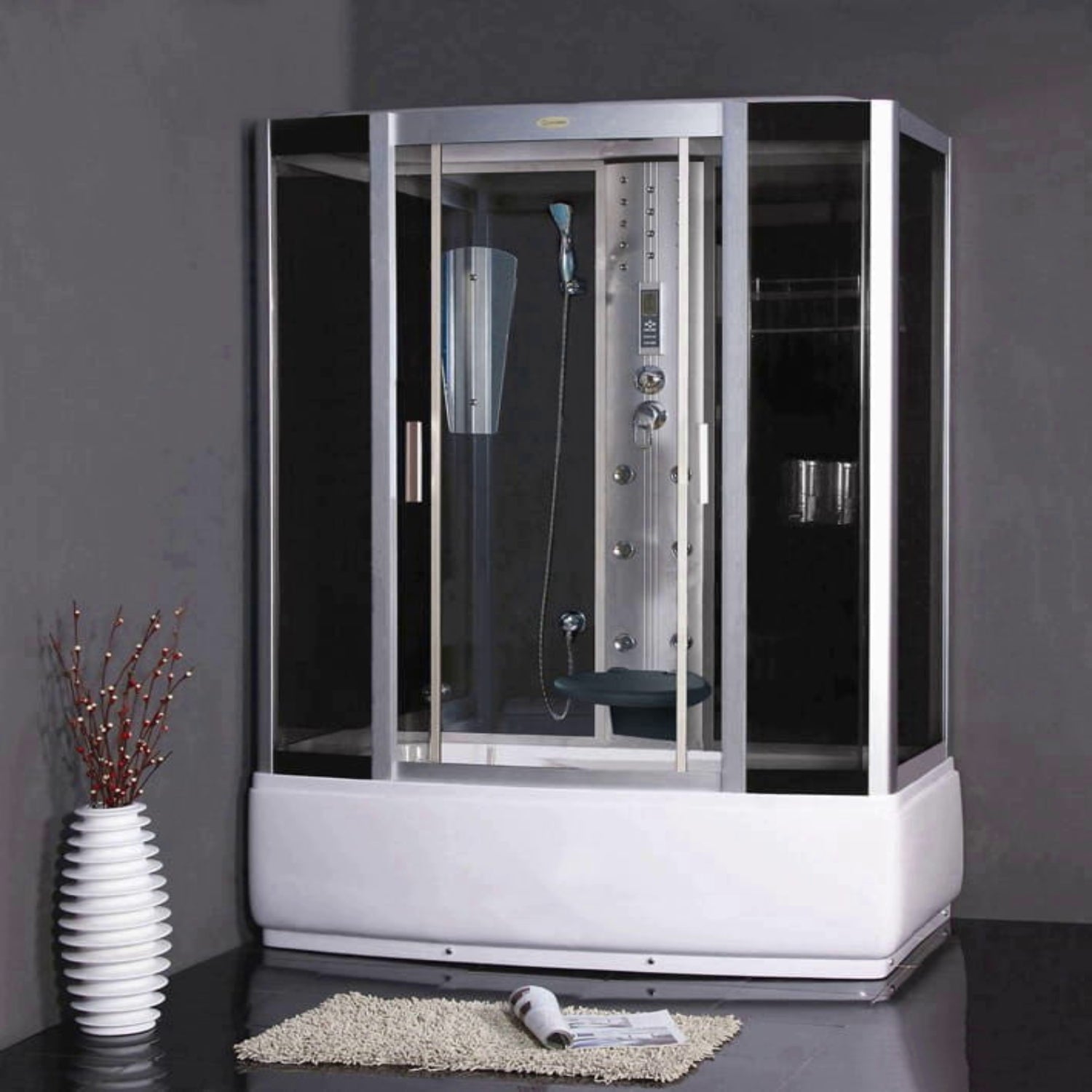 Masážní sprchový box trysky 150x85x225 cm – sprchový kout s 6 masážními tryskami, rádiem, ventilátorem, LED osvětlením a integrovaným sedátkem. Luxusní akrylátový box s posuvnými dveřmi a elektronickým ovládáním.