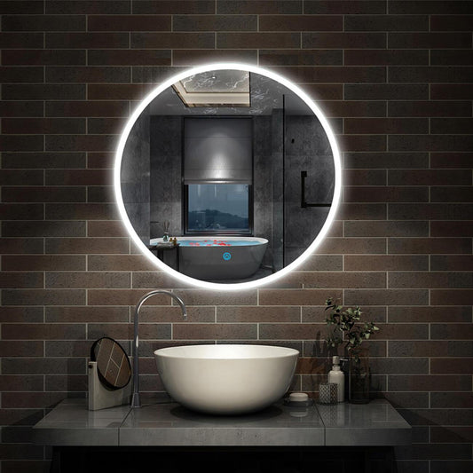 Vyhřívané LED zrcadlo do koupelny AICA J1704 – kulaté protimlživé zrcadlo 70 cm s topnou fólií, studeným bílým LED osvětlením (6000K) a hliníkovým rámem. Moderní koupelnové zrcadlo s IP67 ochranou proti vodě a páře.