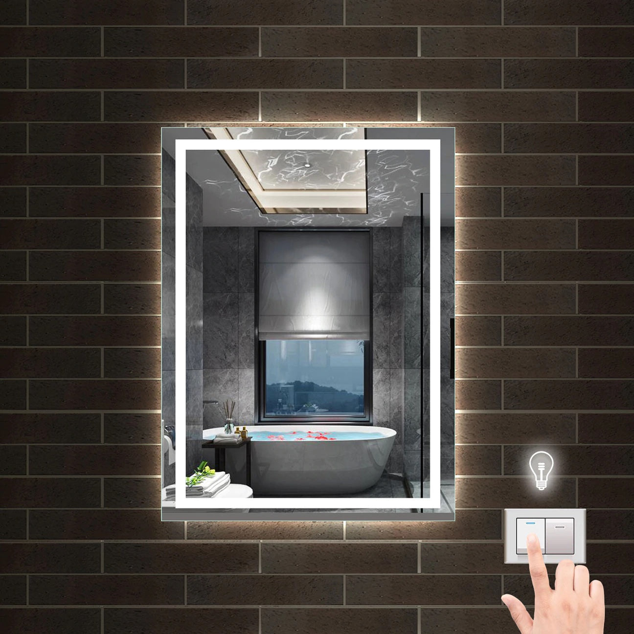 Fotografie moderního vyhřívaného LED zrcadla AICA J26XXH do koupelny v elegantním designu. Zrcadlo s protizamlžovací funkcí díky integrované topné fólii a energeticky úsporným LED páskům (studené bílé světlo 6000K) pro dokonalé osvětlení při líčení. Produkt je vyroben z vysoce kvalitního HD zrcadlového skla s měděnou vrstvou a bezpečnými leštěnými hranami. Robustní hliníkový rám odolný proti vlhkosti je ideální pro instalaci v koupelnách, wellness nebo hotelových pokojích. Zobrazené rozměry 50x70 cm a 60x80