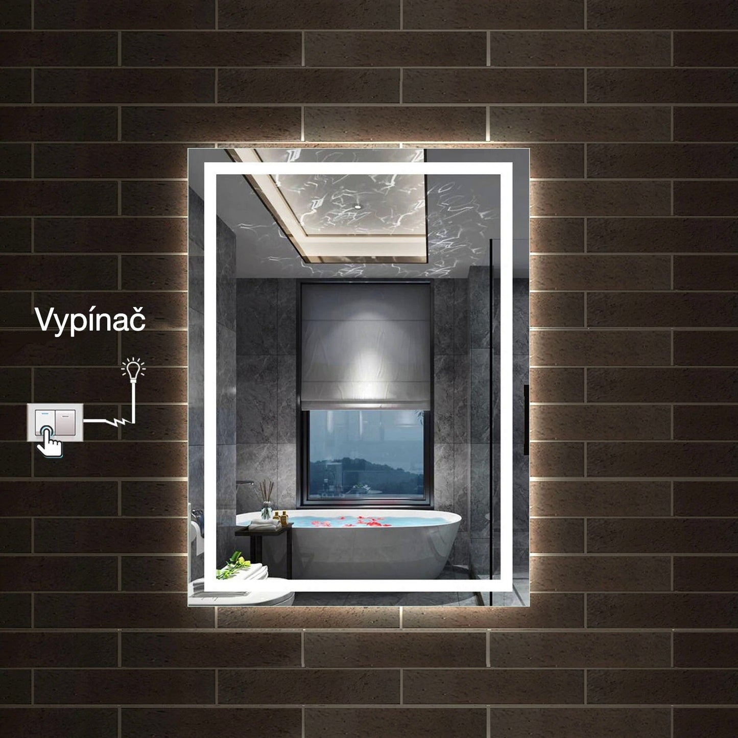 Fotografie moderního vyhřívaného LED zrcadla AICA J26XXH do koupelny v elegantním designu. Zrcadlo s protizamlžovací funkcí díky integrované topné fólii a energeticky úsporným LED páskům (studené bílé světlo 6000K) pro dokonalé osvětlení při líčení. Produkt je vyroben z vysoce kvalitního HD zrcadlového skla s měděnou vrstvou a bezpečnými leštěnými hranami. Robustní hliníkový rám odolný proti vlhkosti je ideální pro instalaci v koupelnách, wellness nebo hotelových pokojích. Zobrazené rozměry 50x70 cm a 60x80