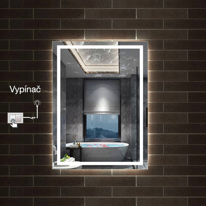 Fotografie moderního vyhřívaného LED zrcadla AICA J26XXH do koupelny v elegantním designu. Zrcadlo s protizamlžovací funkcí díky integrované topné fólii a energeticky úsporným LED páskům (studené bílé světlo 6000K) pro dokonalé osvětlení při líčení. Produkt je vyroben z vysoce kvalitního HD zrcadlového skla s měděnou vrstvou a bezpečnými leštěnými hranami. Robustní hliníkový rám odolný proti vlhkosti je ideální pro instalaci v koupelnách, wellness nebo hotelových pokojích. Zobrazené rozměry 50x70 cm a 60x80