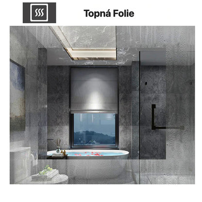 Fotografie moderního vyhřívaného LED zrcadla AICA J26XXH do koupelny v elegantním designu. Zrcadlo s protizamlžovací funkcí díky integrované topné fólii a energeticky úsporným LED páskům (studené bílé světlo 6000K) pro dokonalé osvětlení při líčení. Produkt je vyroben z vysoce kvalitního HD zrcadlového skla s měděnou vrstvou a bezpečnými leštěnými hranami. Robustní hliníkový rám odolný proti vlhkosti je ideální pro instalaci v koupelnách, wellness nebo hotelových pokojích. Zobrazené rozměry 50x70 cm a 60x80