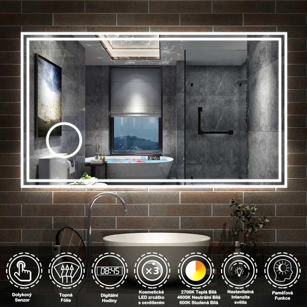 Vyhřívané LED zrcadlo do koupelny AICA JHD140XTML s protizamlžováním – moderní dotykové zrcadlo s 3 barvami světla (teplá, neutrální, studená bílá), digitálními hodinami a kosmetickým zvětšením. Rozměry 80-160 cm, hliníkový rám, HD sklo, ideální do sprchy nebo koupelny.