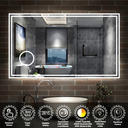 Vyhřívané LED zrcadlo do koupelny AICA JHD140XTML s protizamlžováním – moderní dotykové zrcadlo s 3 barvami světla (teplá, neutrální, studená bílá), digitálními hodinami a kosmetickým zvětšením. Rozměry 80-160 cm, hliníkový rám, HD sklo, ideální do sprchy nebo koupelny.