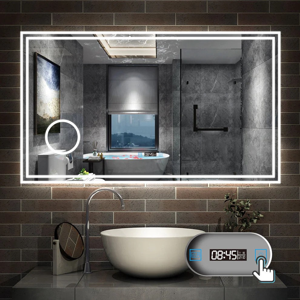 Vyhřívané LED zrcadlo do koupelny AICA JHD140XTML s protizamlžováním – moderní dotykové zrcadlo s 3 barvami světla (teplá, neutrální, studená bílá), digitálními hodinami a kosmetickým zvětšením. Rozměry 80-160 cm, hliníkový rám, HD sklo, ideální do sprchy nebo koupelny.