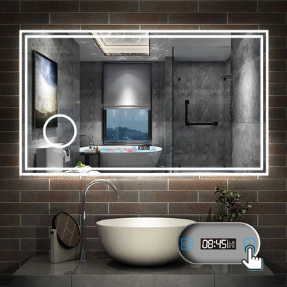 Vyhřívané LED zrcadlo do koupelny AICA JHD140XTML s protizamlžováním – moderní dotykové zrcadlo s 3 barvami světla (teplá, neutrální, studená bílá), digitálními hodinami a kosmetickým zvětšením. Rozměry 80-160 cm, hliníkový rám, HD sklo, ideální do sprchy nebo koupelny.
