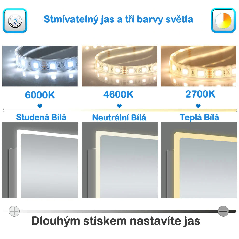 Vyhřívané LED zrcadlo do koupelny AICA JHD140XTML s protizamlžováním – moderní dotykové zrcadlo s 3 barvami světla (teplá, neutrální, studená bílá), digitálními hodinami a kosmetickým zvětšením. Rozměry 80-160 cm, hliníkový rám, HD sklo, ideální do sprchy nebo koupelny.