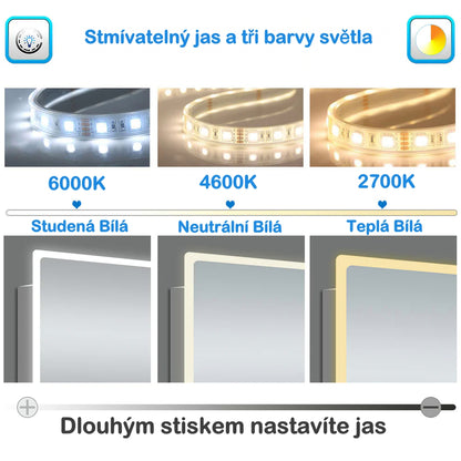 Vyhřívané LED zrcadlo do koupelny AICA JHD140XTML s protizamlžováním – moderní dotykové zrcadlo s 3 barvami světla (teplá, neutrální, studená bílá), digitálními hodinami a kosmetickým zvětšením. Rozměry 80-160 cm, hliníkový rám, HD sklo, ideální do sprchy nebo koupelny.