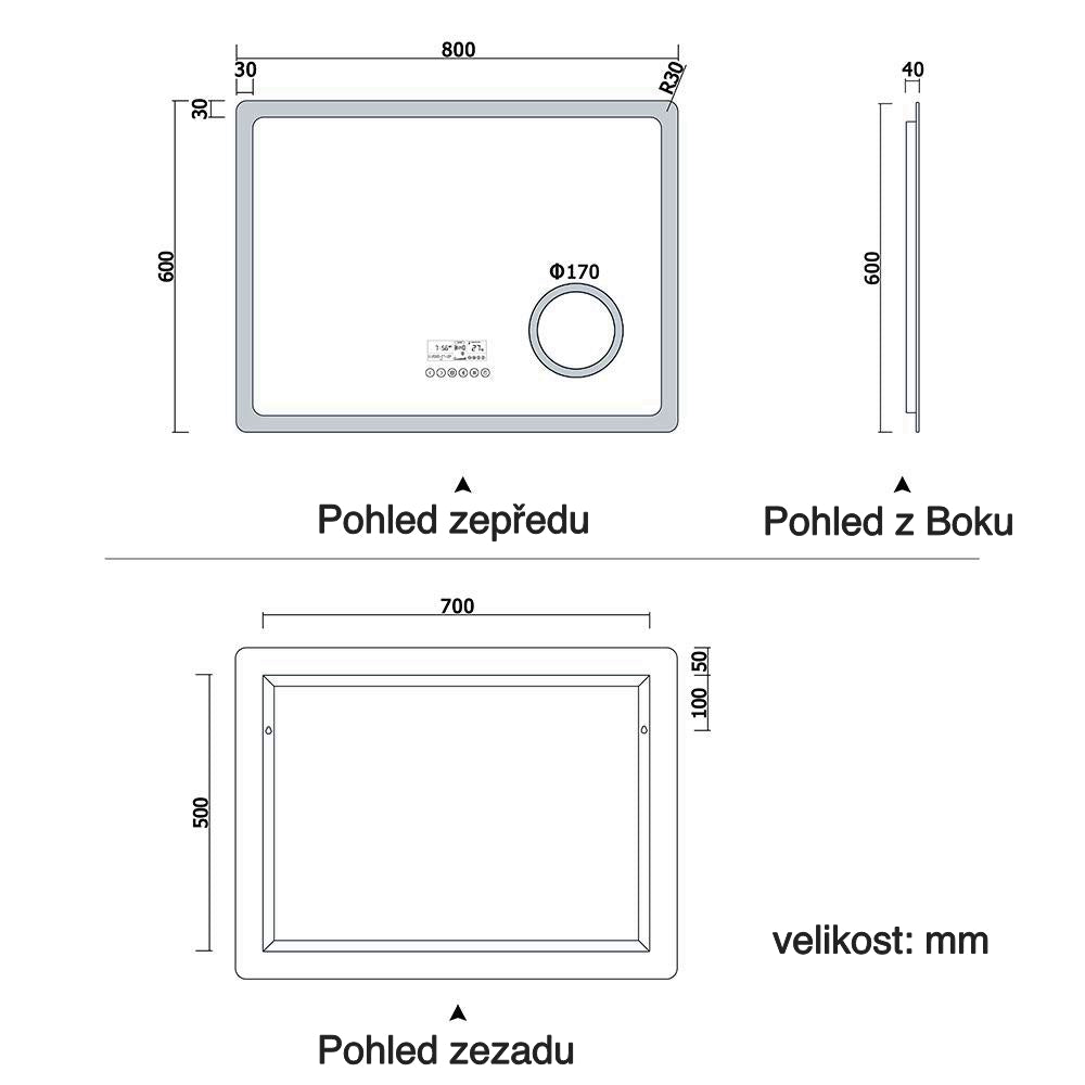 Vyhřívané LED zrcadlo do koupelny AICA s Bluetooth a proti zamlžování - moderní koupelnové zrcadlo s topnou fólií, dotykovým ovládáním a 2 barvami LED osvětlení (teplá bílá 2700K/studená bílá 6500K). Designové protizamlžovací zrcadlo s digitálními hodinami, 3x zvětšeným kosmetickým zrcátkem a hliníkovým rámem. Rozměry 80-160 cm pro všechny koupelny.